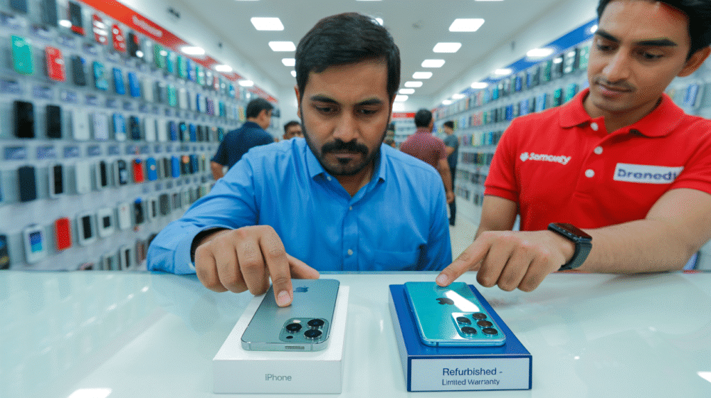 Customer exploring Vijay Sales open box sale discounts on smartphones