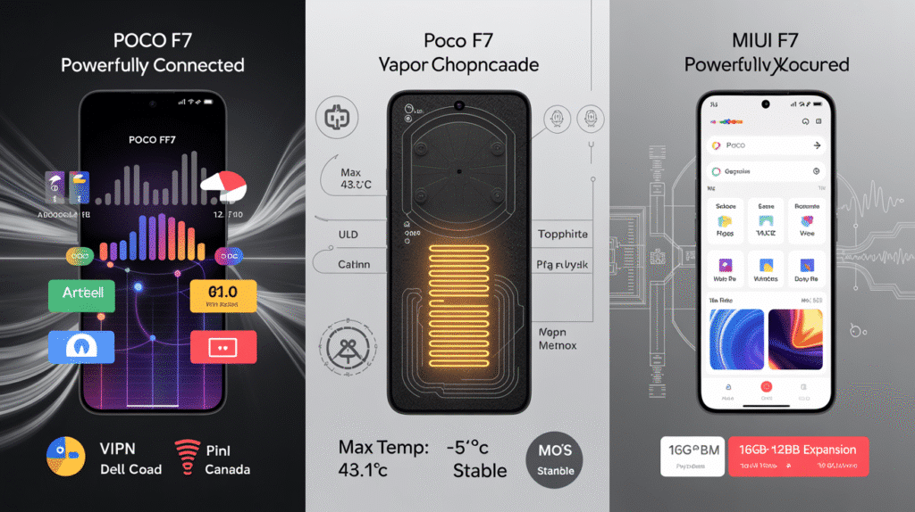 Poco F7 connectivity test, vapor chamber cooling, and HyperOS UX features explained visually